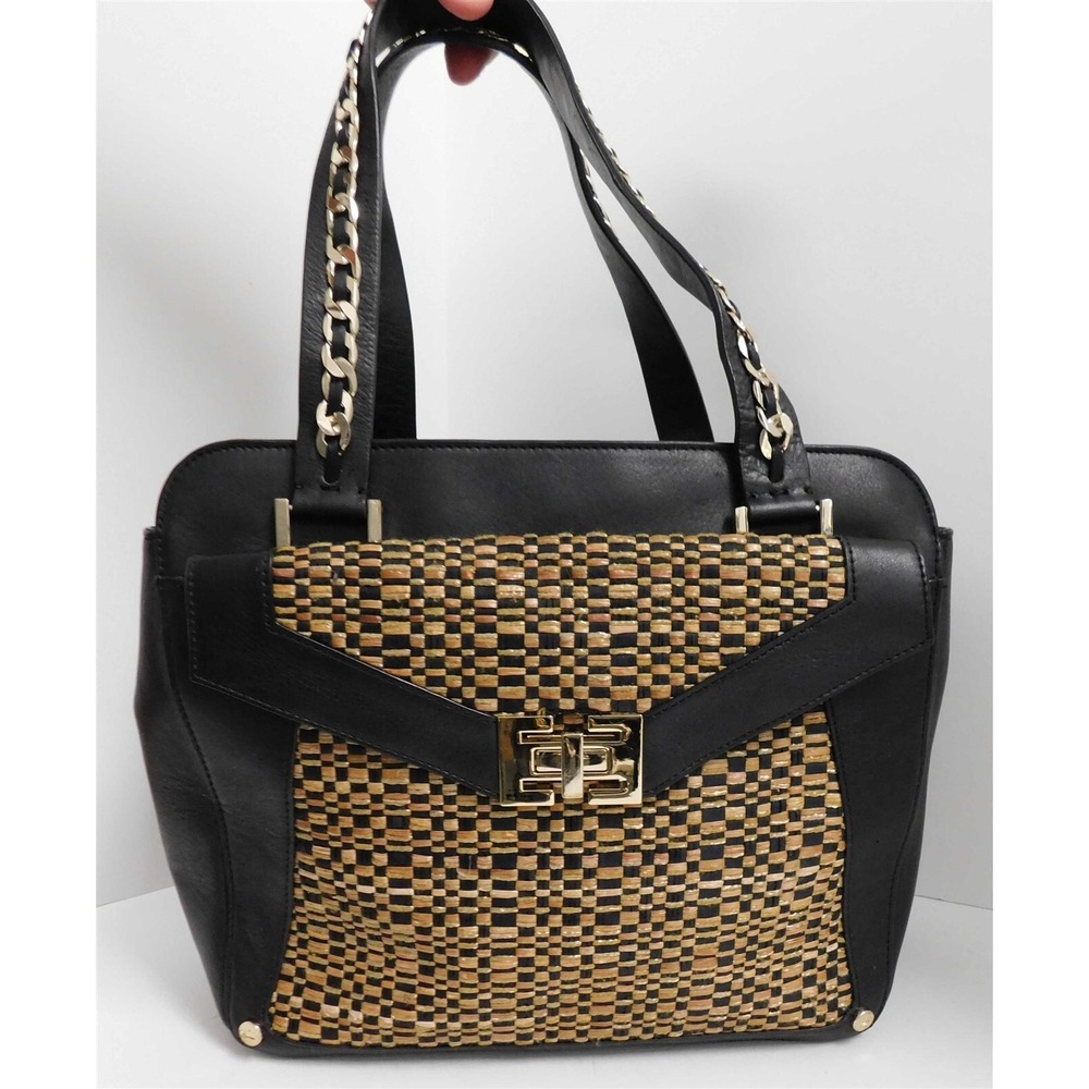 Elaine Turner Black Leather Woven Straw Satchel‎ Bag